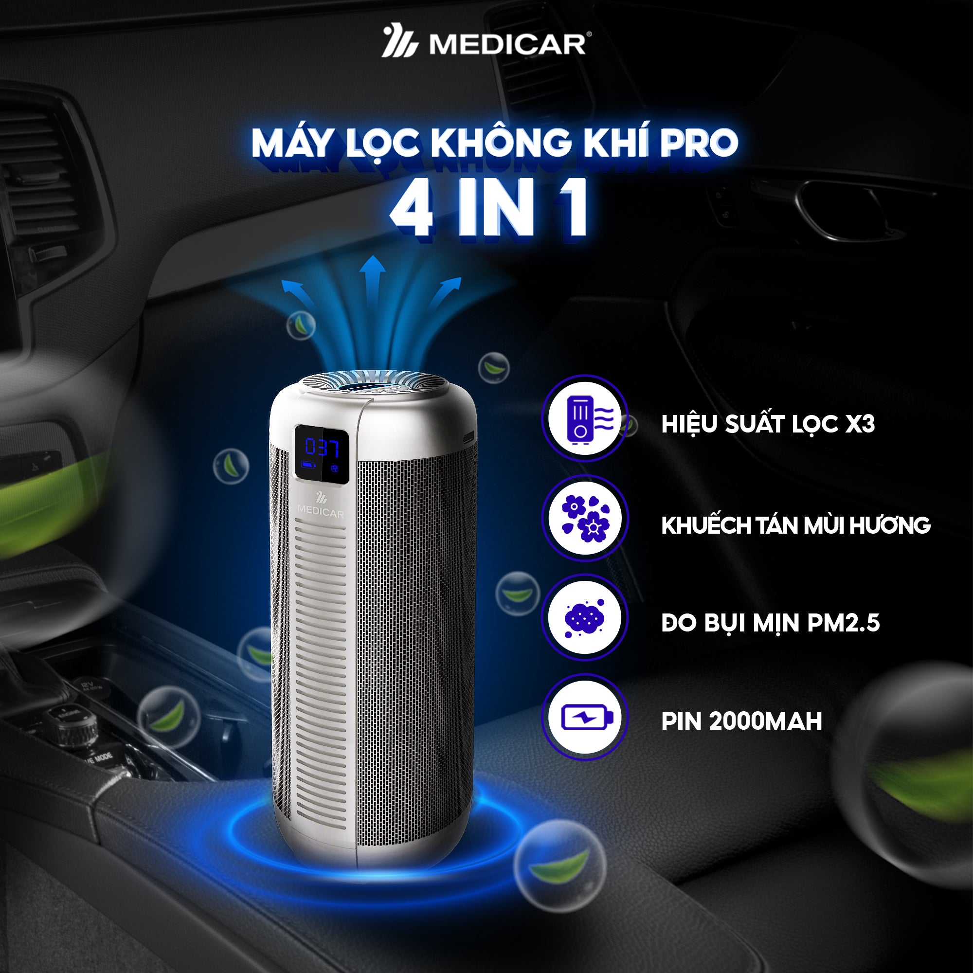 Máy lọc không khí ô tô kết hợp tinh dầu Medicar Pro V2 đa năng 4in1