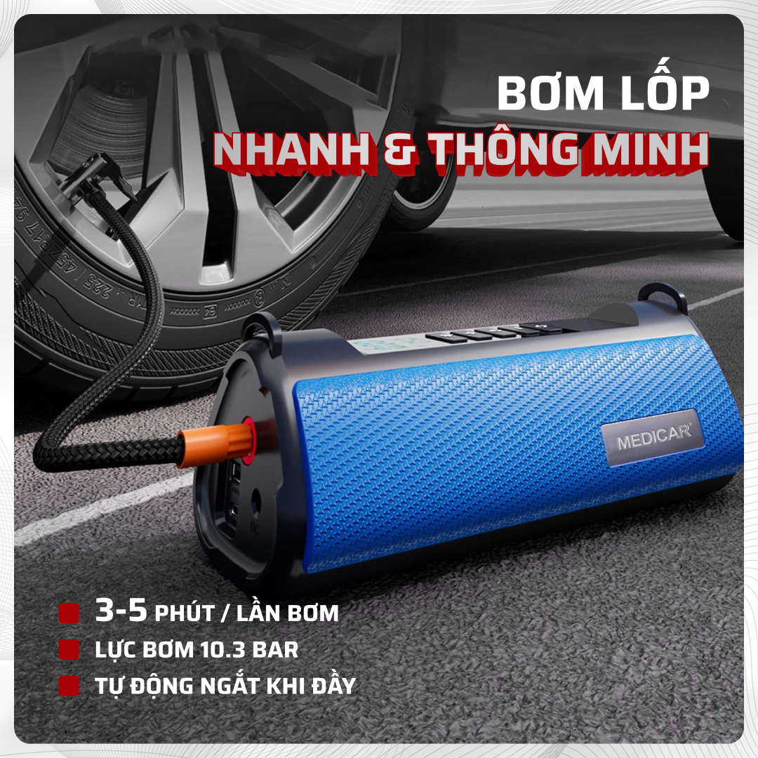 Bơm lốp kích bình ô tô 4 trong 1 Medicar - Tích hợp sạc dự phòng và đèn pin chiếu sáng