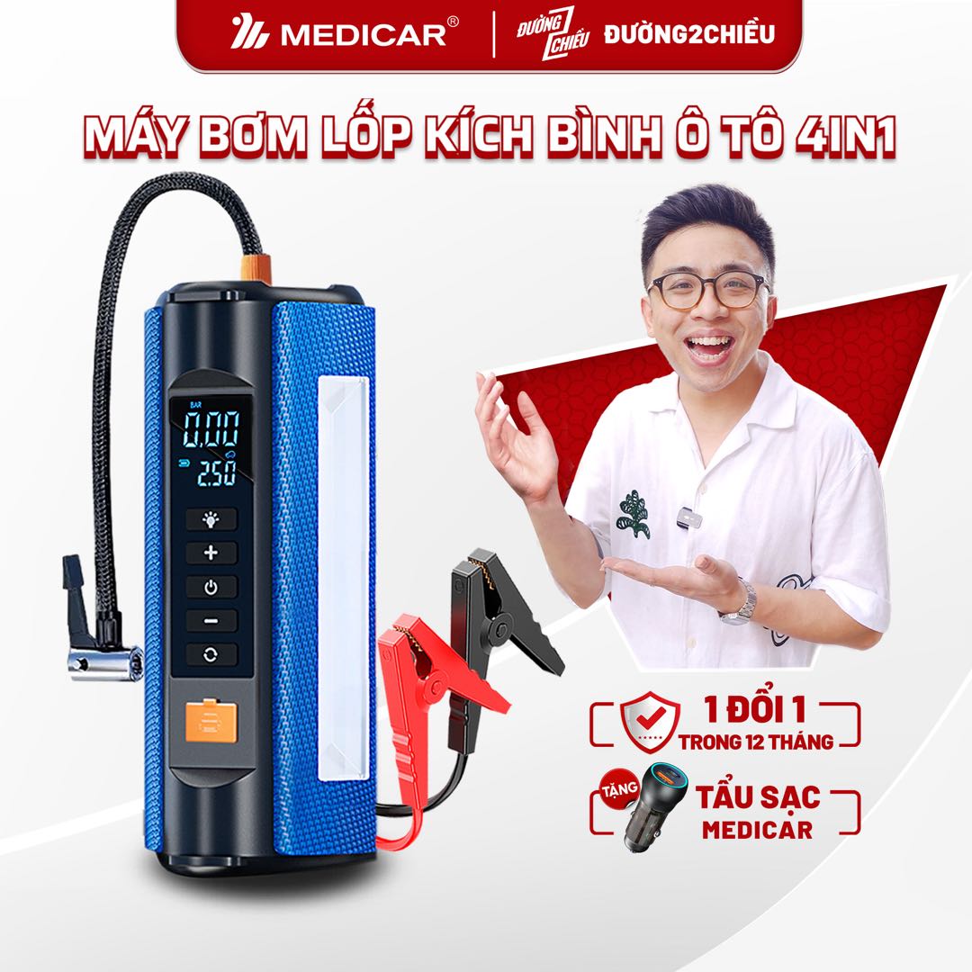 Bơm lốp kích bình ô tô 4 trong 1 Medicar - Tích hợp sạc dự phòng và đèn pin chiếu sáng