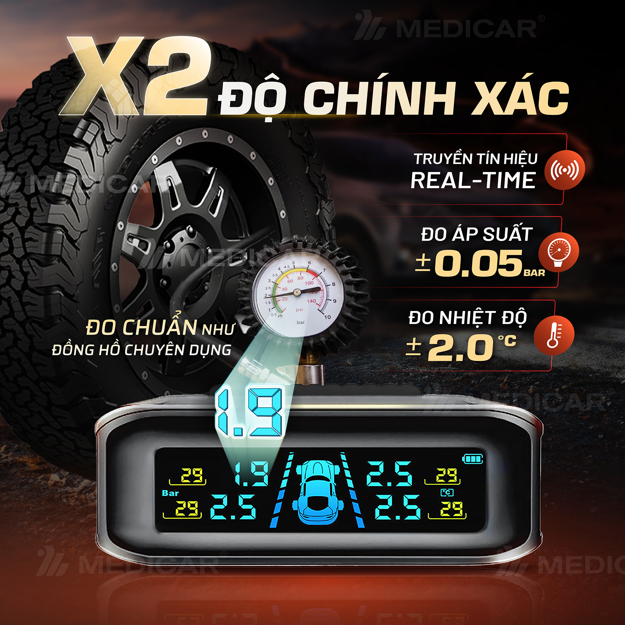[TPMS] Cảm biến áp suất lốp ô tô thông minh Medicar