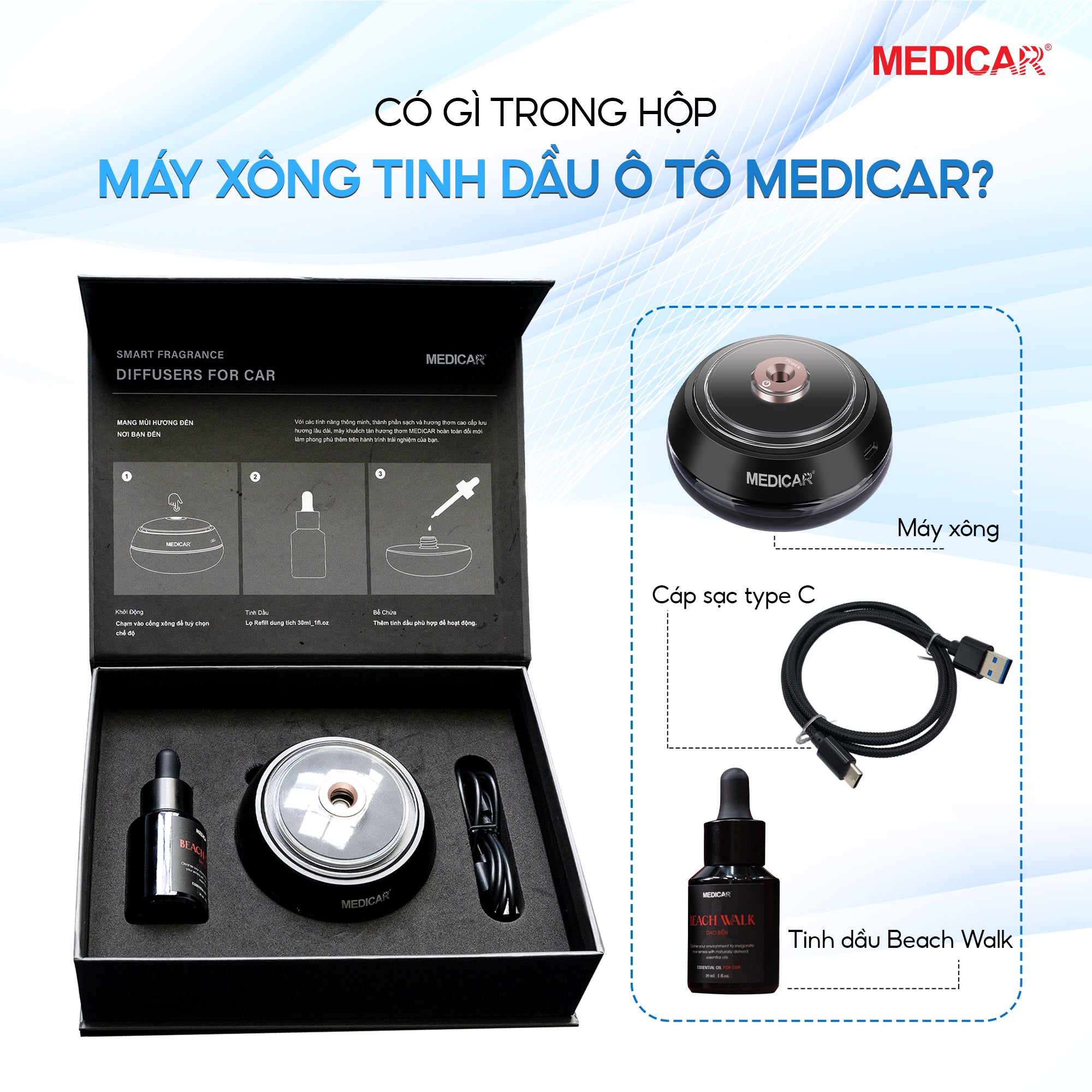 Máy xông tinh dầu ô tô gắn taplo Medicar