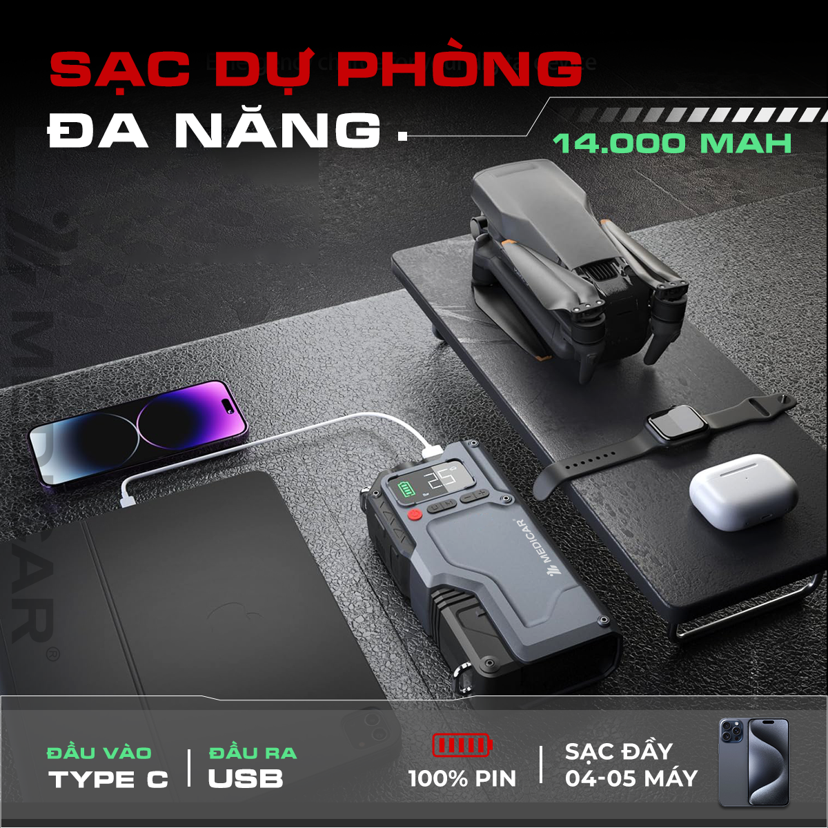 [NEW] Bơm lốp kích bình PRO V3 14.000mAh