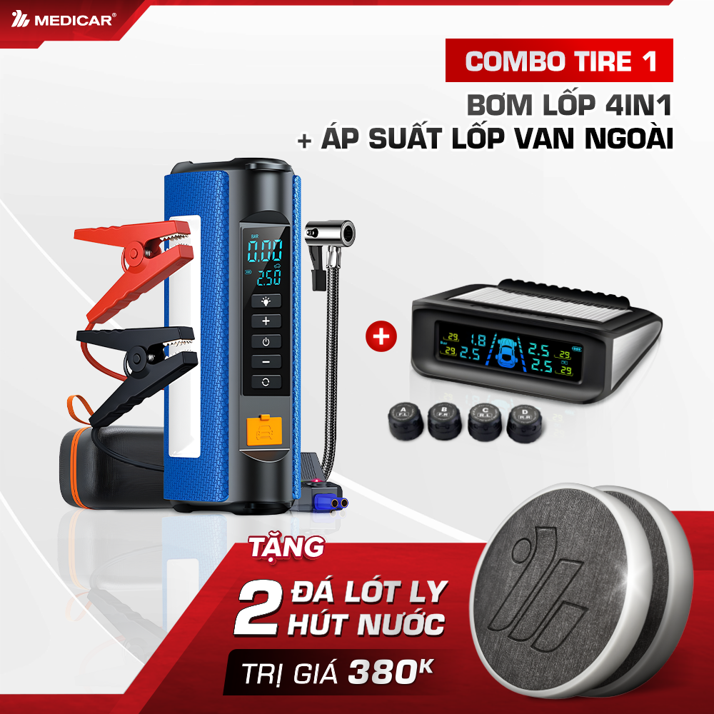 Máy bơm lốp kích bình 4 in 1 + Cảm biến áp suất lốp (Van Ngoài)