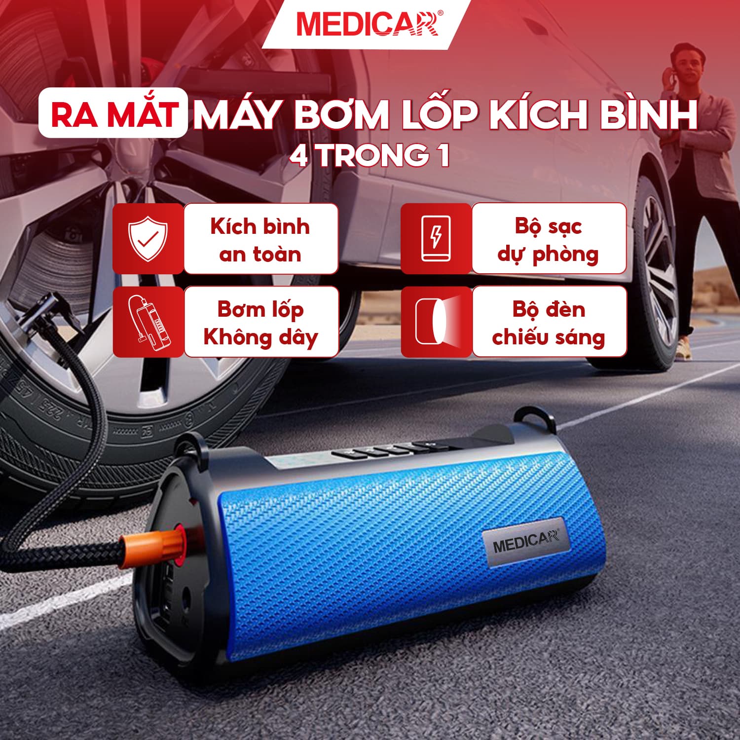 Máy bơm lốp kích bình 4 in 1 + Cảm biến áp suất lốp (Van Ngoài)