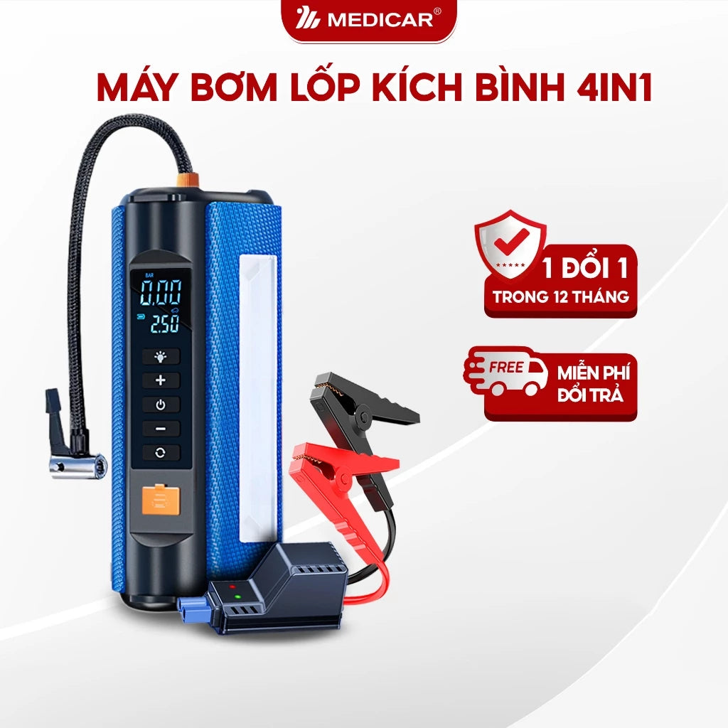 Bơm lốp kích bình ô tô 4 trong 1 Medicar - Tích hợp sạc và đèn pin