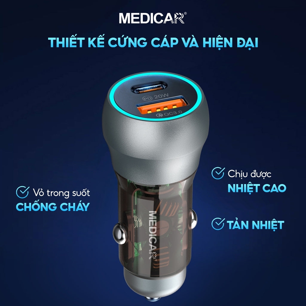 Tẩu sạc siêu nhanh ô tô 38W Medicar QC 3.0, cổng kép USB-A & Type C