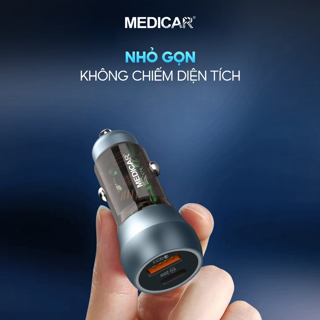 Tẩu sạc siêu nhanh ô tô 38W Medicar QC 3.0, cổng kép USB-A & Type C