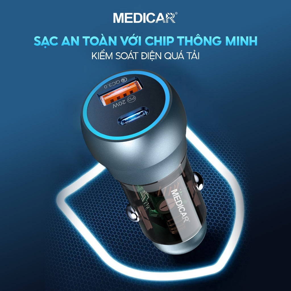 Tẩu sạc siêu nhanh ô tô 38W Medicar QC 3.0, cổng kép USB-A & Type C