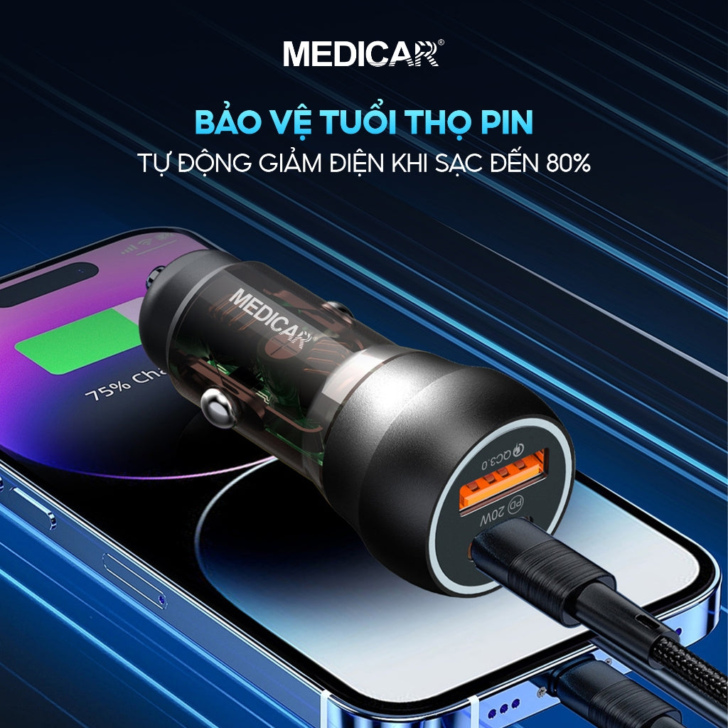 Tẩu sạc siêu nhanh ô tô 38W Medicar QC 3.0, cổng kép USB-A & Type C