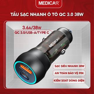 Tẩu sạc siêu nhanh ô tô 38W Medicar QC 3.0, cổng kép USB-A & Type C